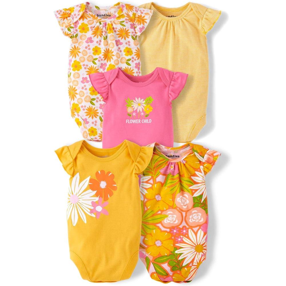 imageThe Childrens Place babyboys And Newborn Short Sleeve Bodysuits MultipacksYellow Floral 5pack