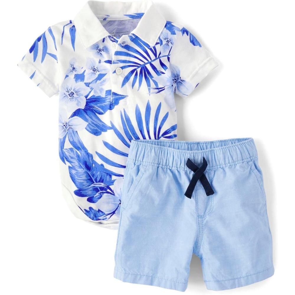 imageThe Childrens Place babyboys And Newborn Short Sleeve Button Down Shirt and Shorts 2 Piece SetWhite Tropical Print