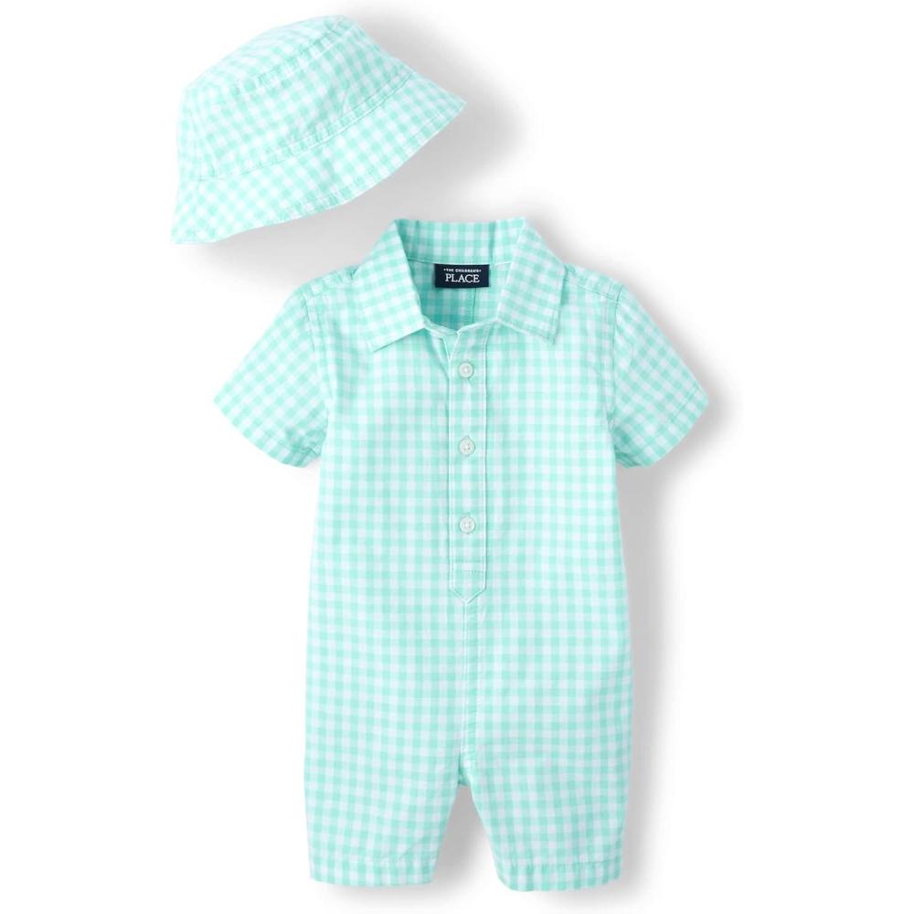 imageThe Childrens Place babyboys And Newborn Woven Plaid Romper and Hat 2piece SetMellow Aqua