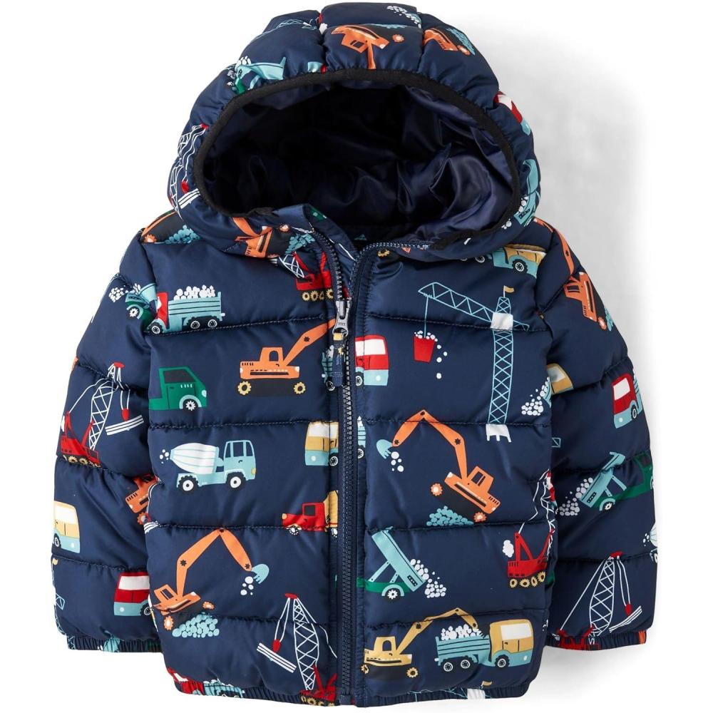 imageThe Childrens Place babyboys And Toddler Boys Medium Weight Windresistant Waterresistant Puffer JacketNavy Construction Trucks