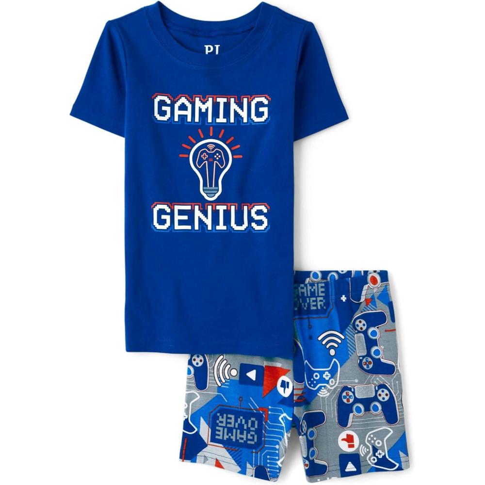 imageThe Childrens Place boys Short Sleeve Top and Shorts Snug Fit 100 Cotton 2 Piece Pajama SetGaming Genius Glow
