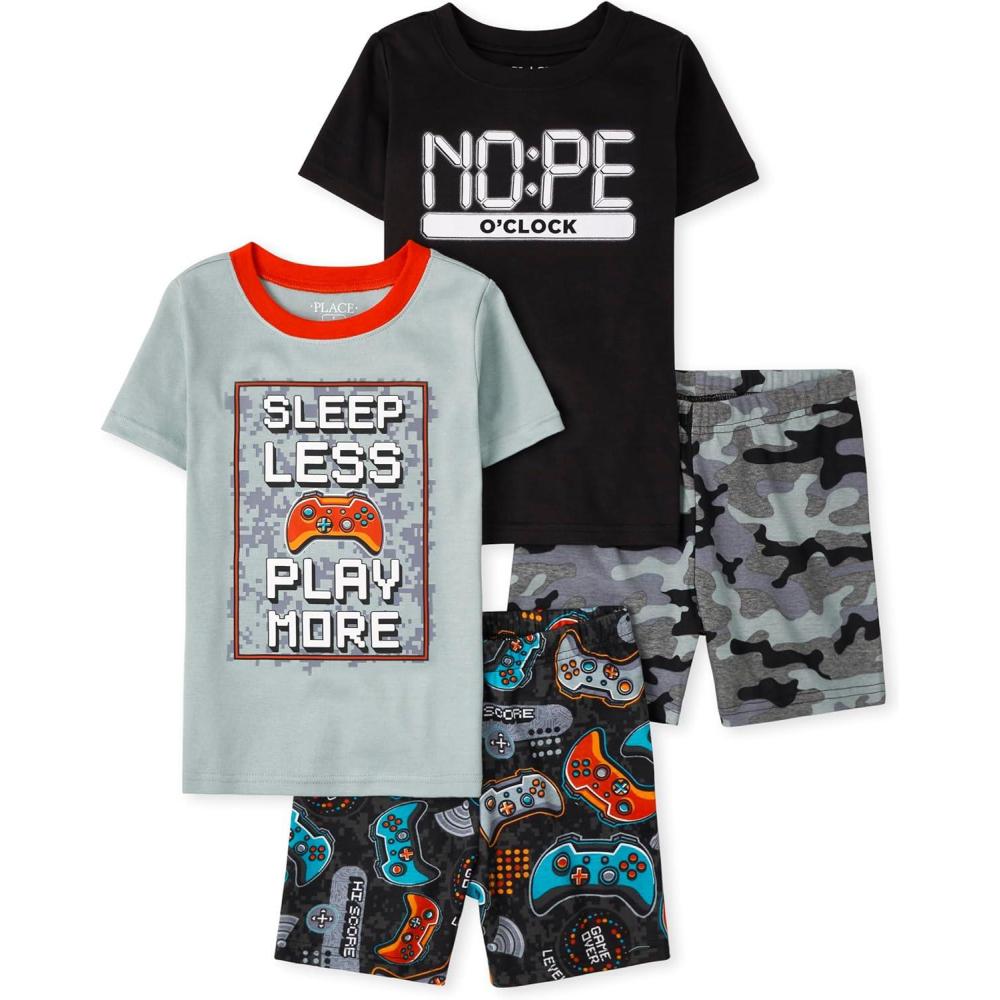 imageThe Childrens Place boys Short Sleeve Top and Shorts Snug Fit 100 Cotton 2 Piece Pajama SetPlay More Gamer 2pack