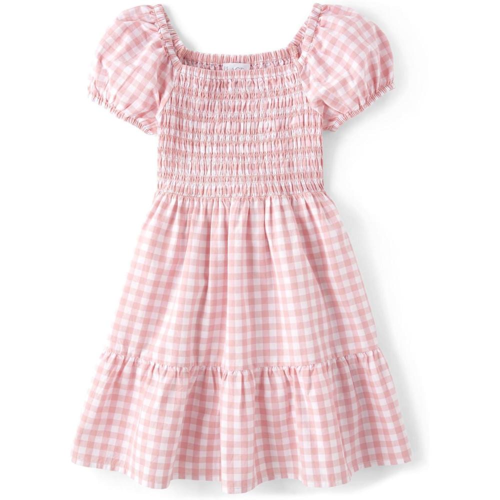 imageThe Childrens Place girls Floral Smocked Babydoll DressPink Gingham Puff Sleeve