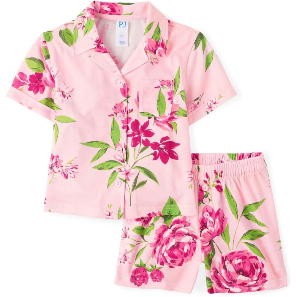 imageThe Childrens Place girls Short Sleeve Top and Shorts2 Piece Pajama SetPink Floral Button