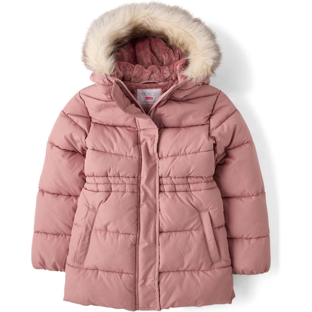 imageThe Childrens Place girls Water and Wind Resistant Hooded Zip Front Mid Length Puffer Jacket Faux Fur LinedPrecious Pink