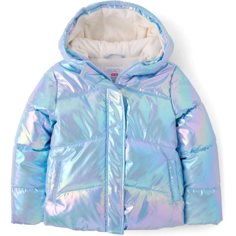 imageThe Childrens Place girls Water and Wind Resistant Hooded Zip Front Puffer Jacket Microfleece LinedBlue Iridescent