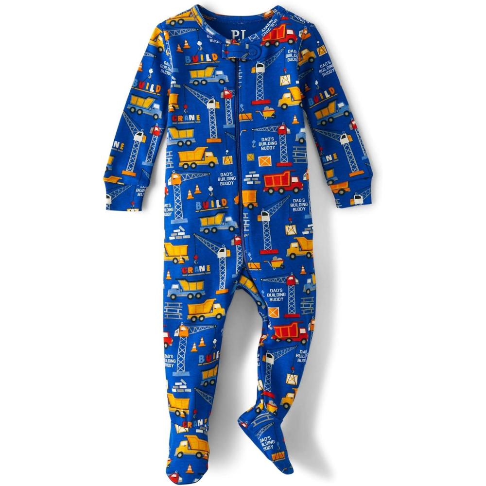 imageThe ChildrenS Place BabyBoys And Toddler Long Sleeve 100 Cotton ZipFront One Piece Footed PajamasBlue Construction Print