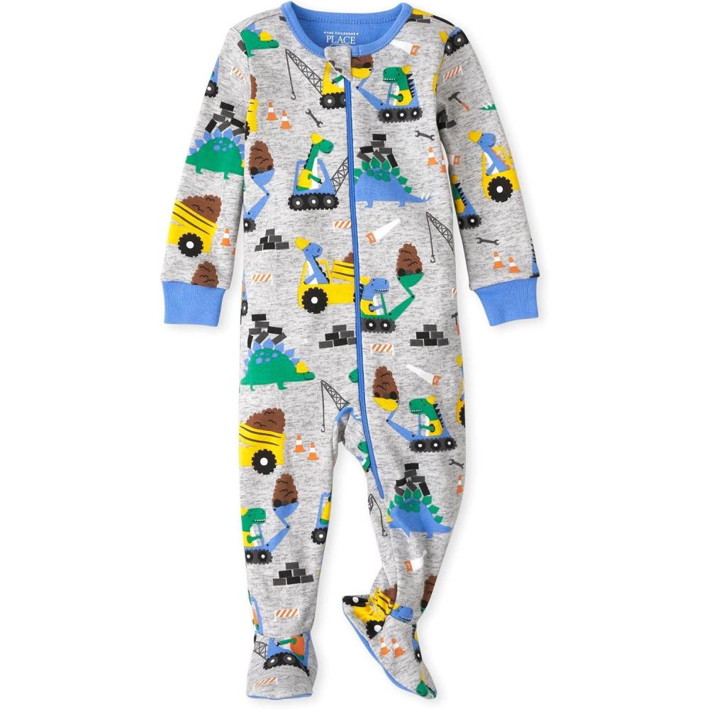 imageThe ChildrenS Place BabyBoys And Toddler Long Sleeve 100 Cotton ZipFront One Piece Footed PajamasDino Construction