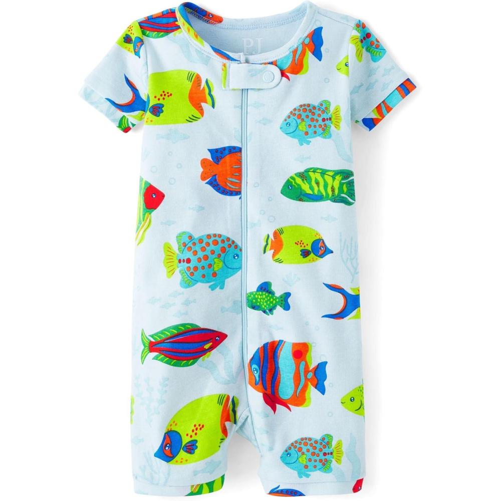 imageThe Childrens Place Baby Boys and Newborn 100 Cotton Short Sleeve Zip Front One Piece Footless PajamasBlue Fishes