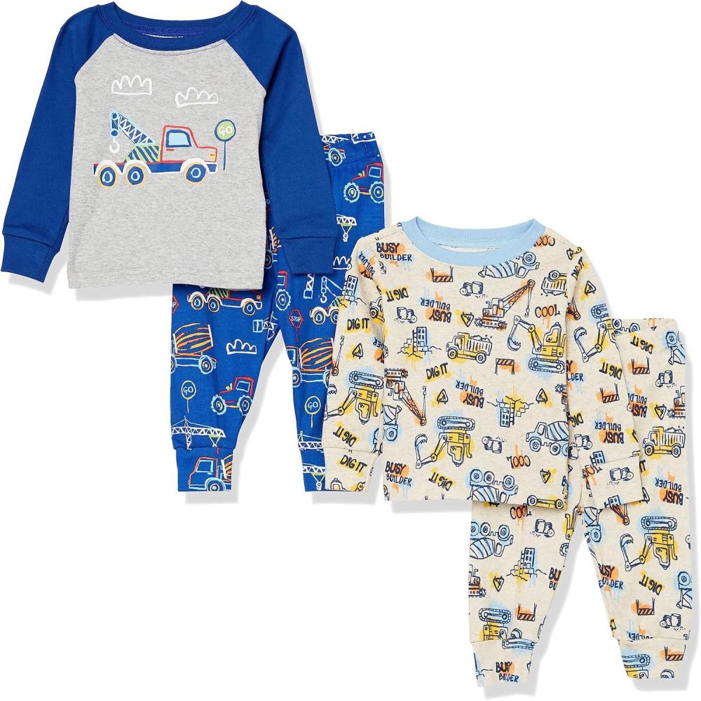 imageThe Childrens Place Baby Boys and Toddler Long Sleeve Top and Pants Snug Fit 100 Cotton 4 Piece Pajama SetDrawn Trucks