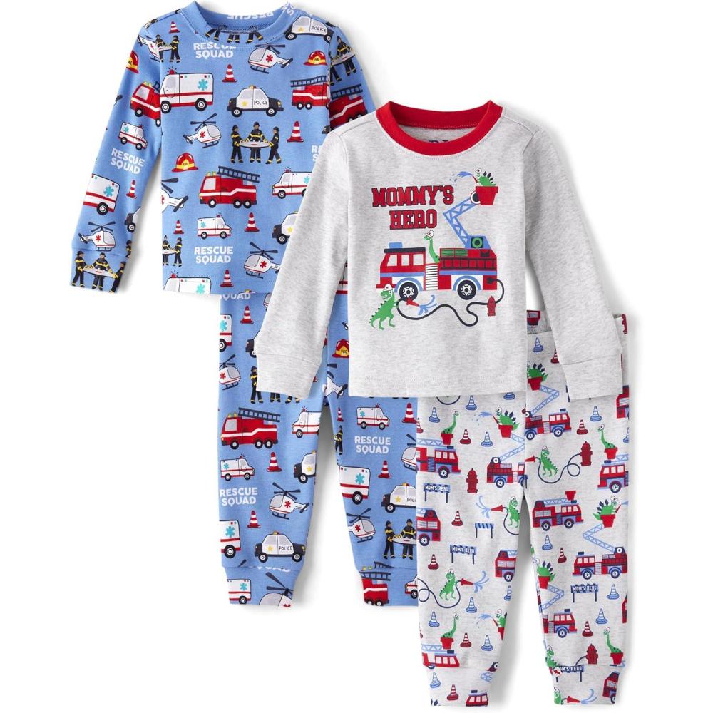 imageThe Childrens Place Baby Boys and Toddler Long Sleeve Top and Pants Snug Fit 100 Cotton 4 Piece Pajama SetRescue SquadMoms Hero