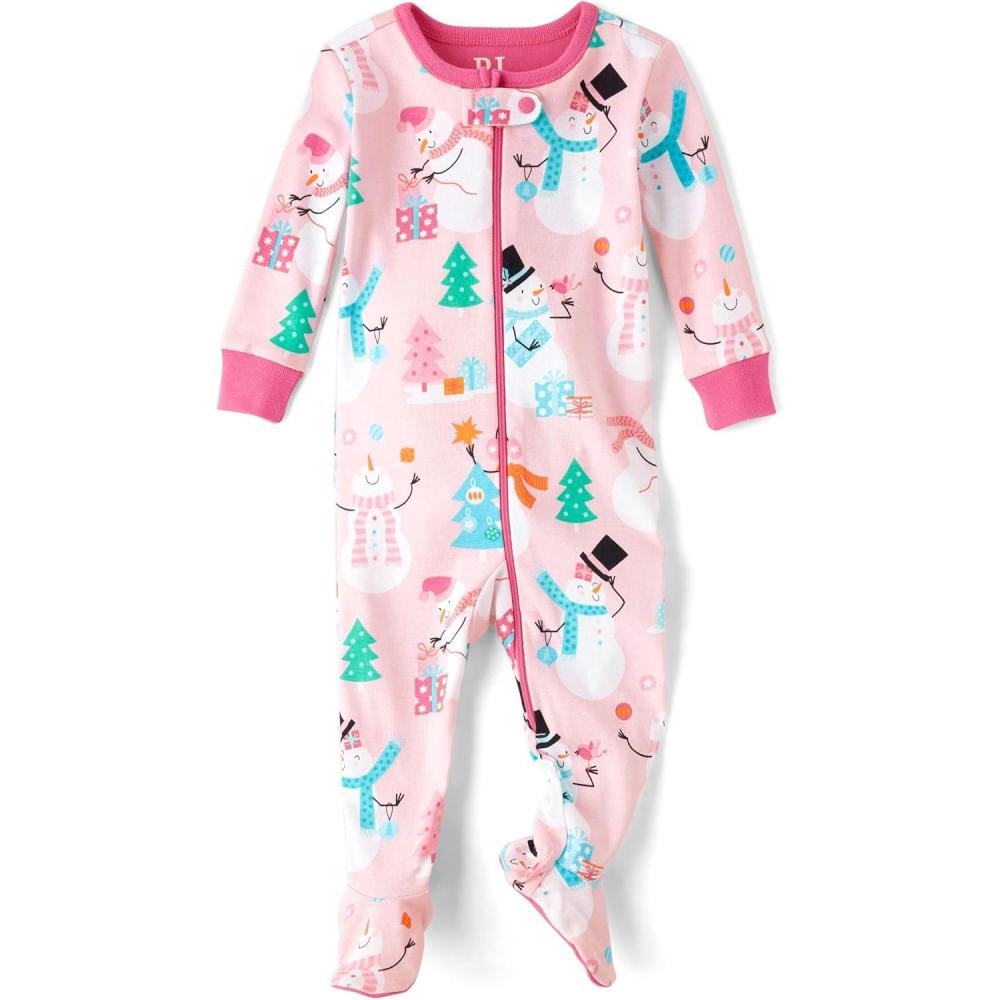 imageThe Childrens Place Baby Girls And Toddler Long Sleeve 100 Cotton Zipfront One Piece Footed PajamaPink Snowmen