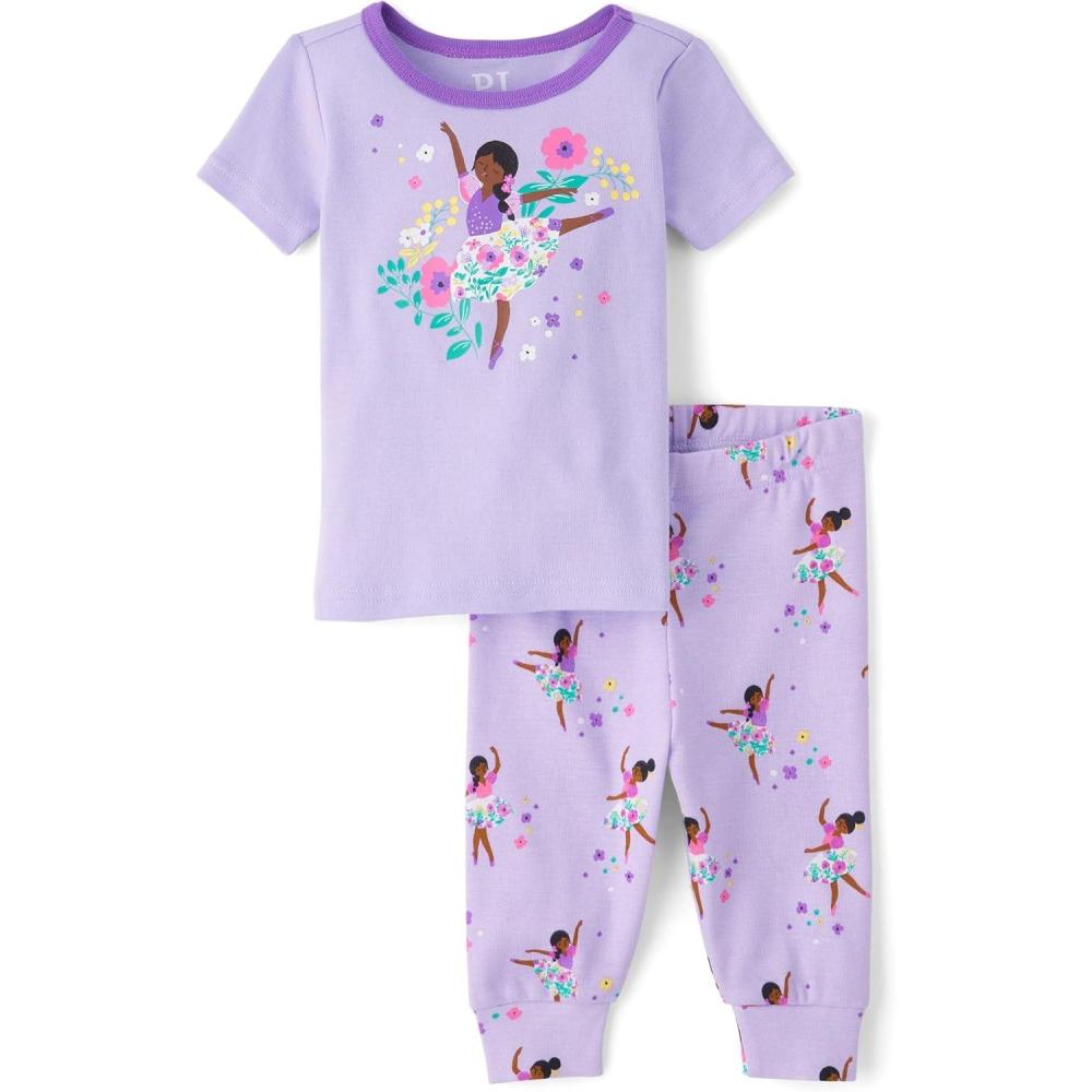 imageThe Childrens Place Baby Girls And Toddler Short Sleeve Top and Pants Snug Fit 100 Cotton 2 Piece Pajama SetLavander Girl
