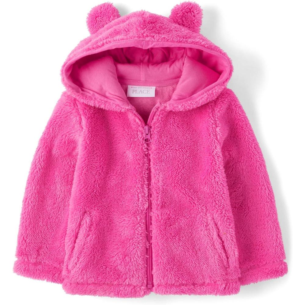 imageThe Childrens Place Baby Girls Cozy Sherpa Hooded Full Zip SweatshirtPink Summer Critter
