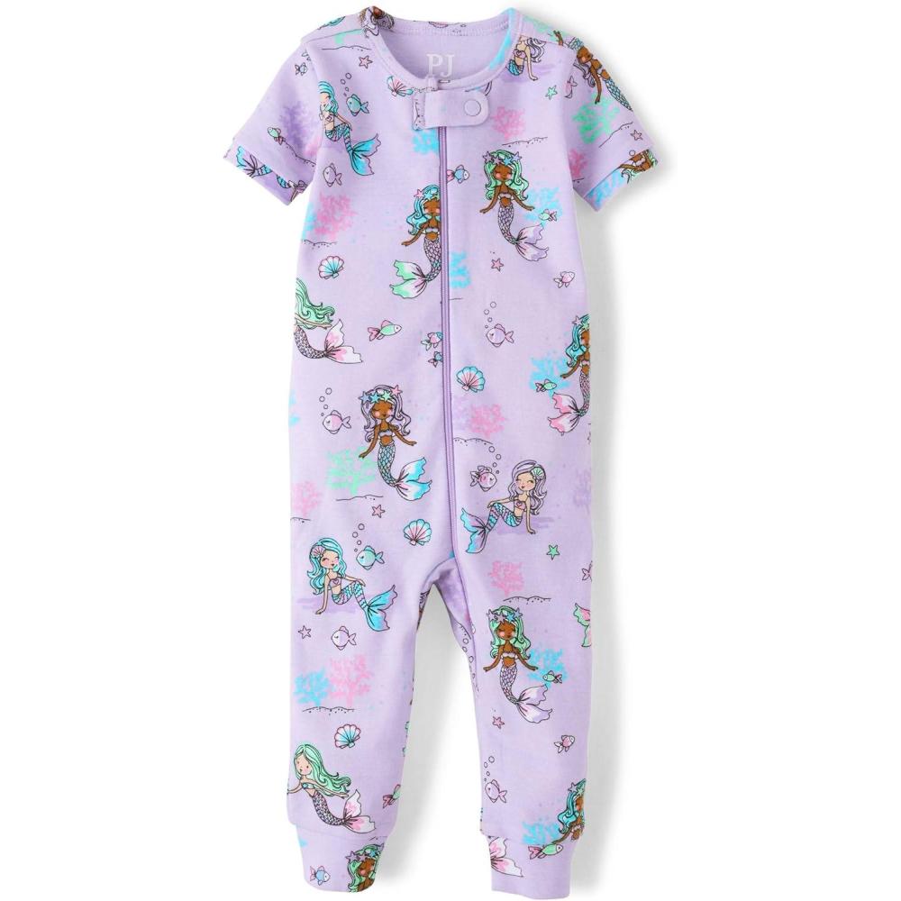 imageThe Childrens Place Baby Girls and Toddler Snug Fit 100 Cotton Short Sleeve ZipFront One Piece Footless PajamaLavender Mermaids