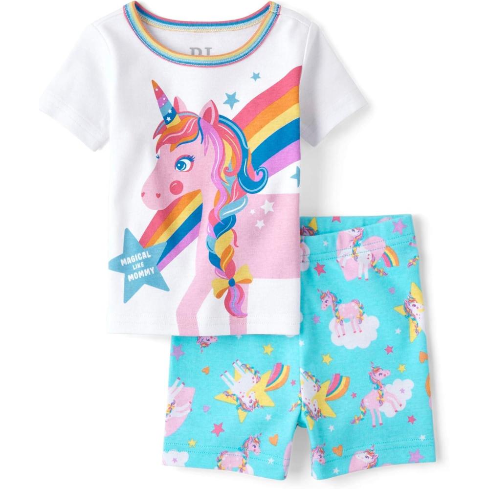 imageThe Childrens Place Baby Toddler Girl Sleeve Top and Shorts Snug Fit 100 Cotton 2 Piece Pajama SetRainbow Unicorn