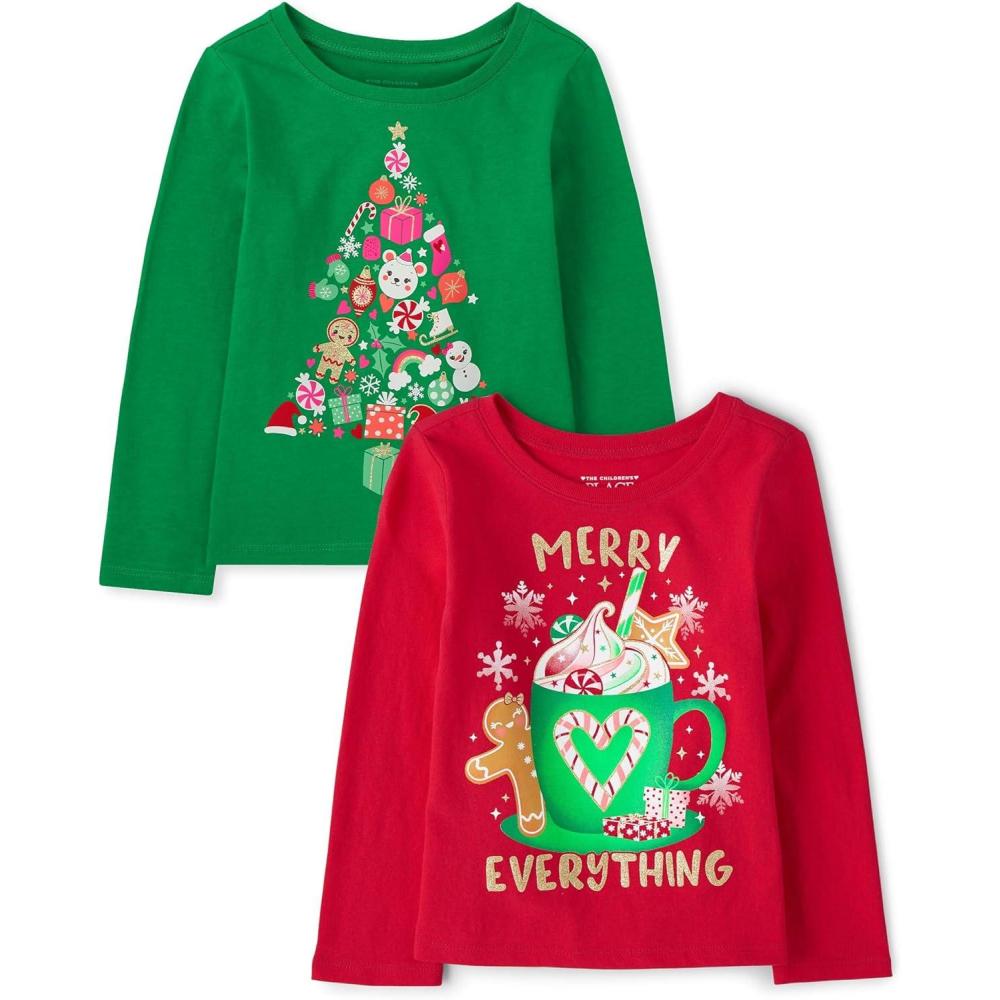 imageThe Childrens Place Baby and Toddler All HolidaysBirthdays Long Sleeve Graphic TShirts2 PackHoliday TreeMerry Everything