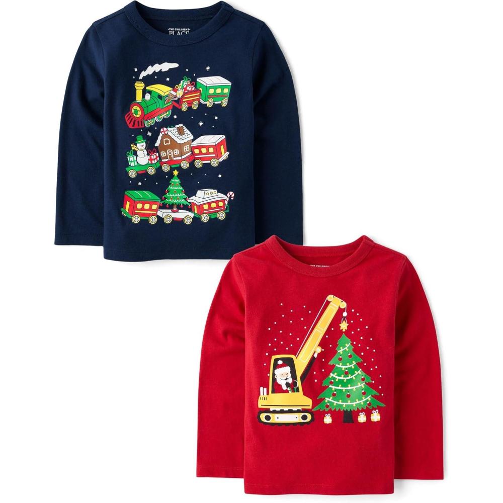 imageThe Childrens Place Baby and Toddler All HolidaysBirthdays Long Sleeve Graphic TShirts2 PackSanta ConstructionHoliday Train