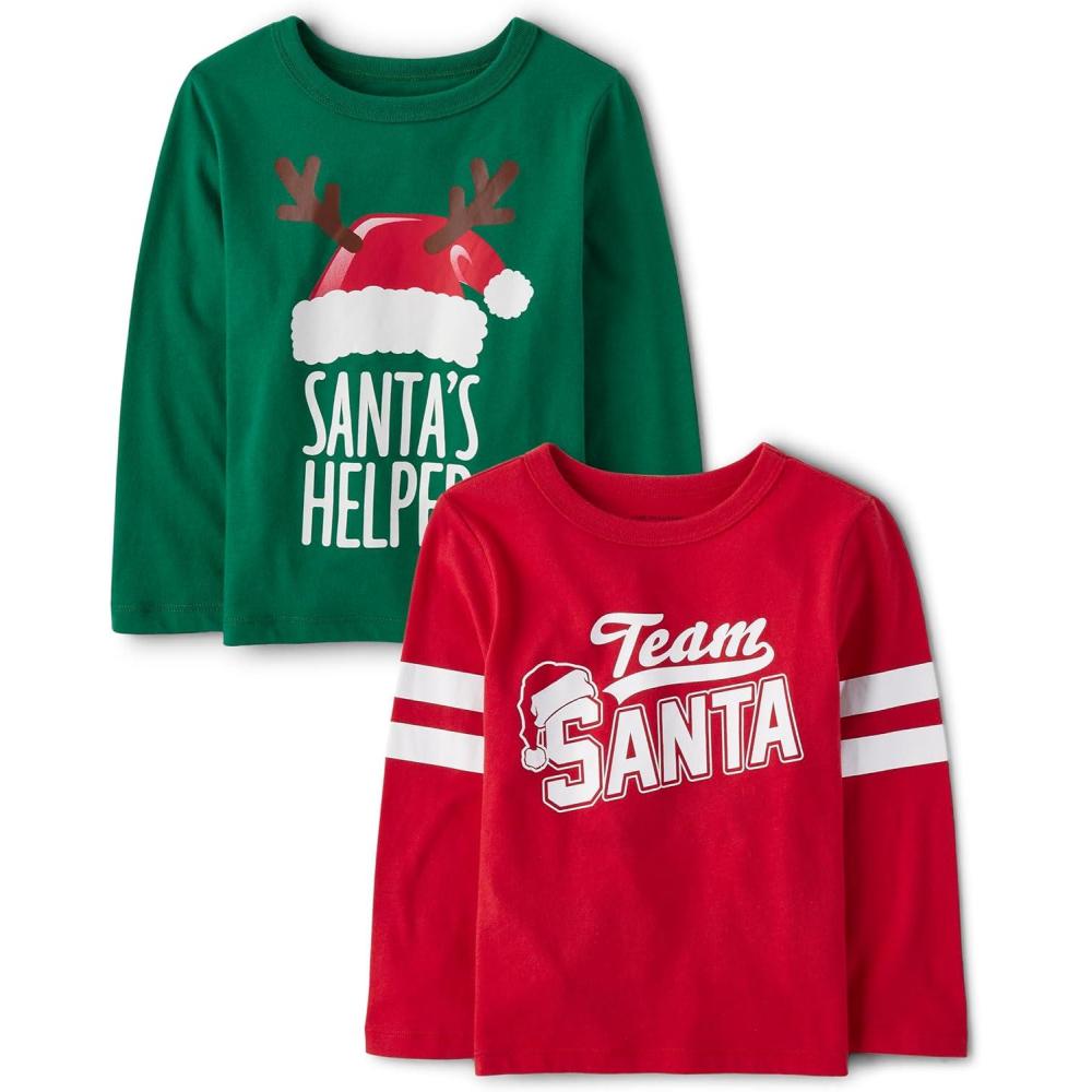 imageThe Childrens Place Baby and Toddler All HolidaysBirthdays Long Sleeve Graphic TShirts2 PackSanta HelerTeam Santa