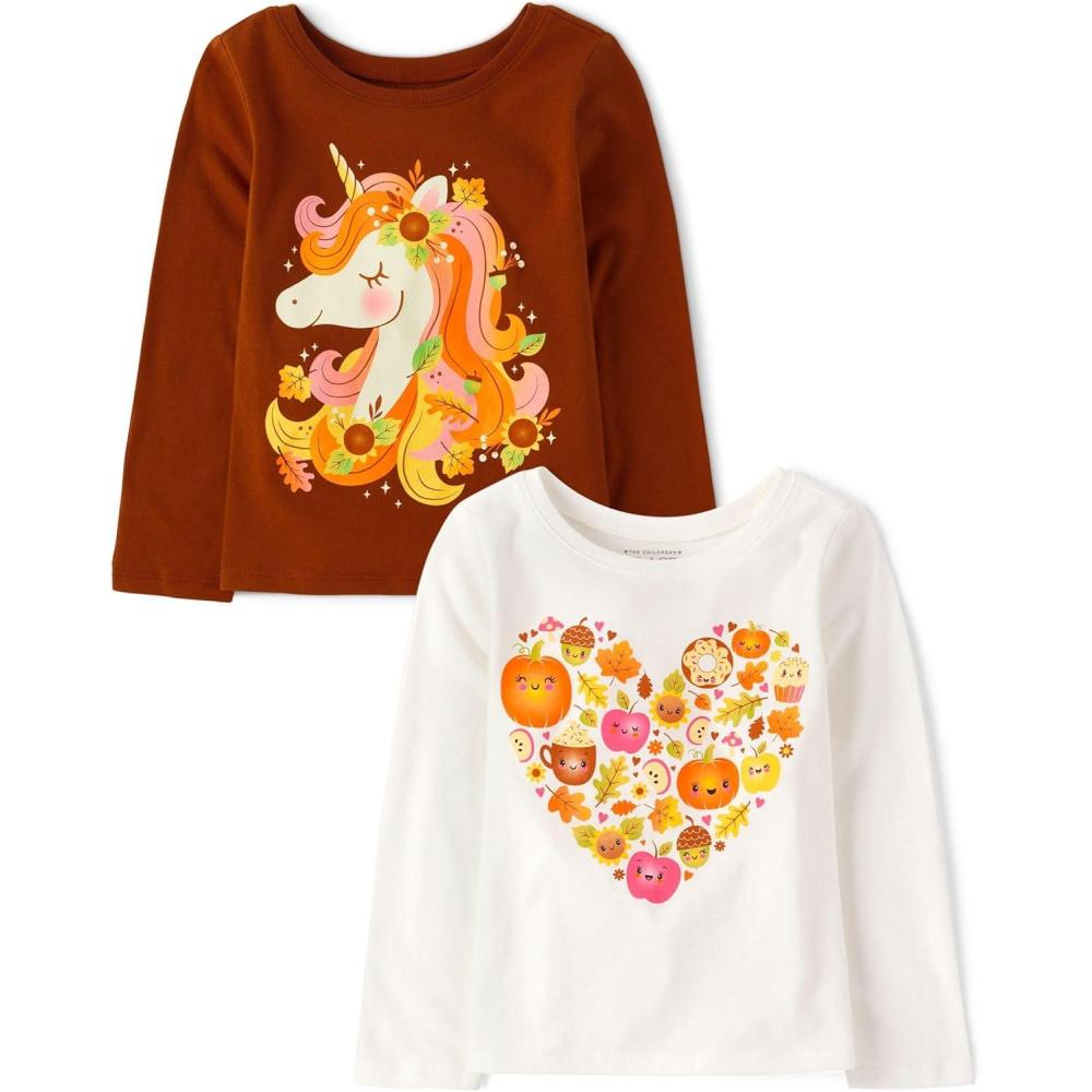 imageThe Childrens Place Baby and Toddler All HolidaysBirthdays Long Sleeve Graphic TShirts2 PackTurkey HeartUnicorn