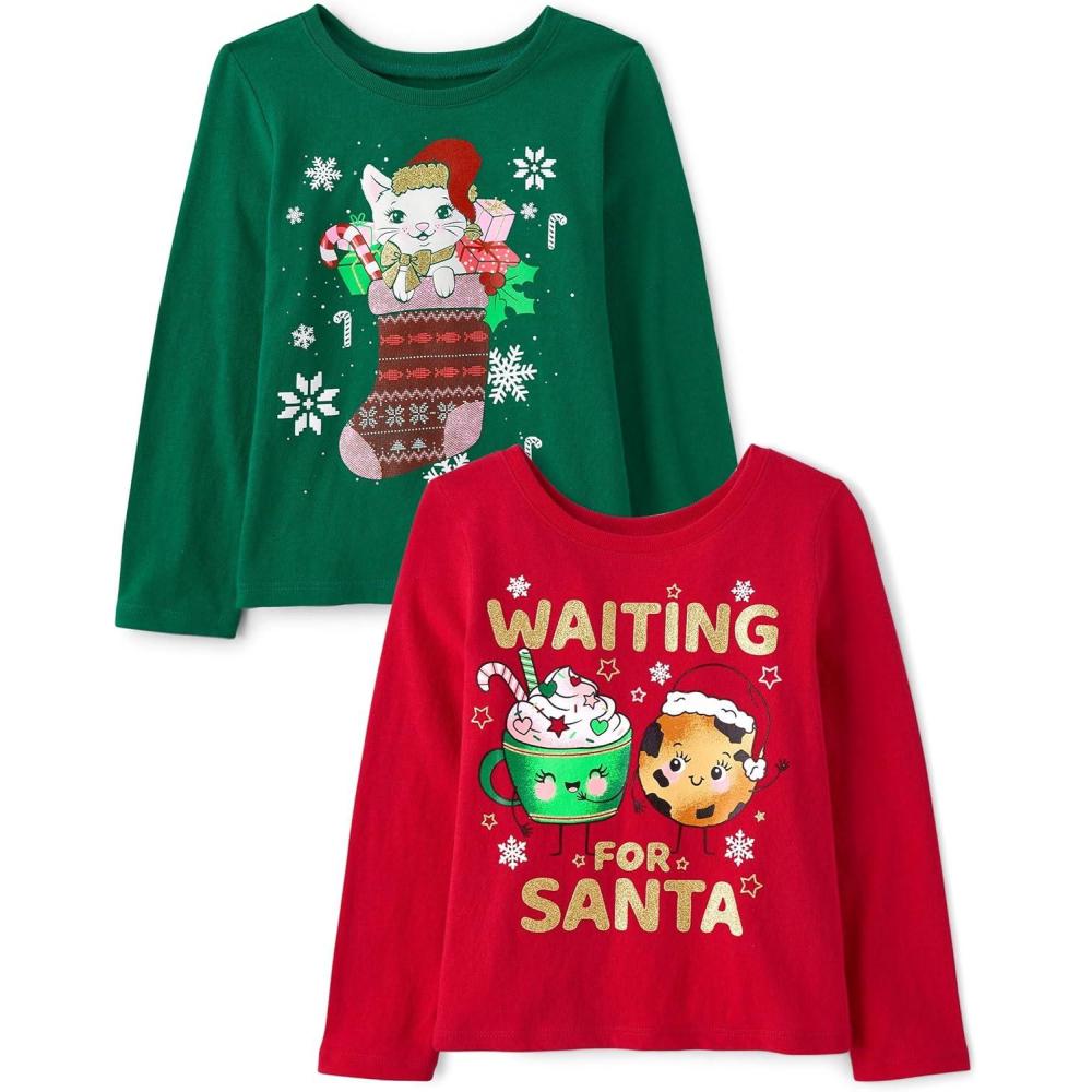 imageThe Childrens Place Baby and Toddler All HolidaysBirthdays Long Sleeve Graphic TShirts2 PackWaiting SantaCat Stocking