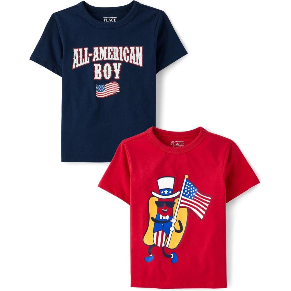 imageThe Childrens Place BabyBoys and Toddler All HolidaysBirthdays Short Sleeve Graphic TShirts2 PackAll American BoyHot Dog