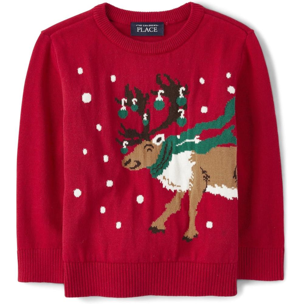 imageThe Childrens Place BabyBoys and Toddler Long Sleeve Crew Neck Pullover SweaterRed Reindeer