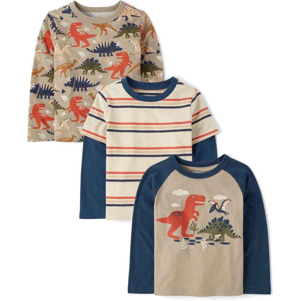 imageThe Childrens Place BabyBoys and Toddler Long Sleeve Everyday Casual Knit ShirtDino 3pack