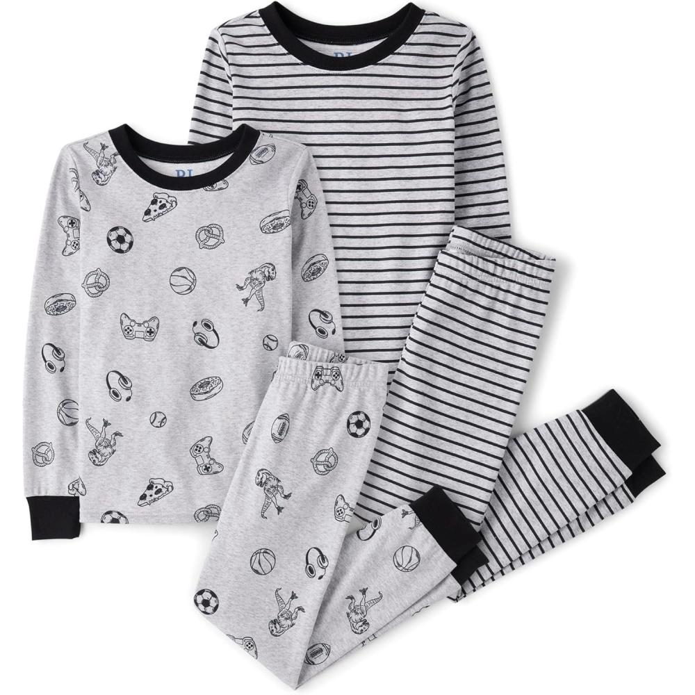 imageThe Childrens Place Boys 100 Cotton Long Sleeve Top and Pants 2 Piece Pajama SetStripesSports 2pack