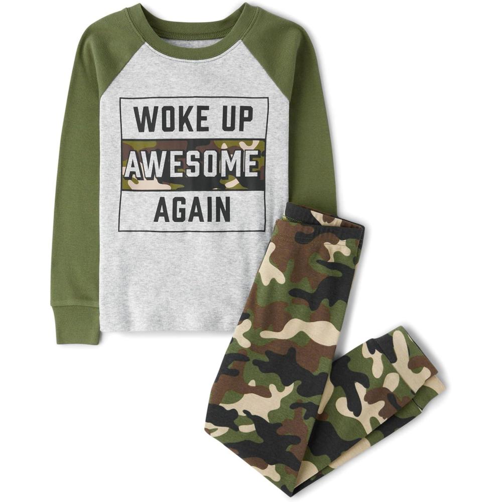 imageThe Childrens Place Boys 100 Cotton Long Sleeve Top and Pants2 Piece Pajama SetWoke Up Awesome