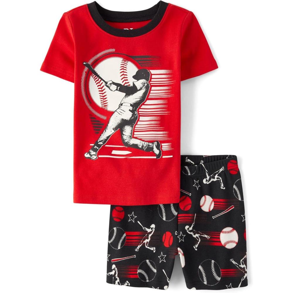 imageThe Childrens Place Boys 100 Cotton Sleeve Top and Shorts 2 Piece Pajama SetBaseball