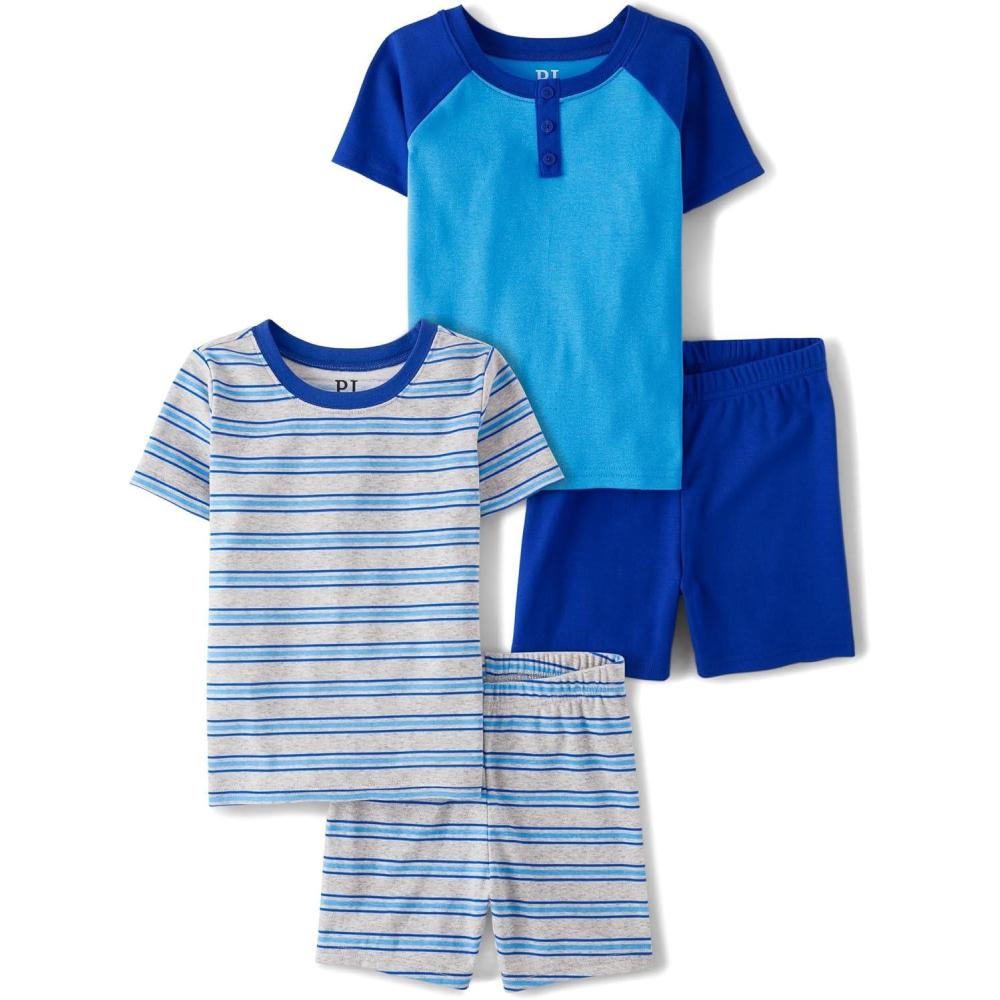 imageThe Childrens Place Boys 100 Cotton Sleeve Top and Shorts 2 Piece Pajama SetRenew Blue 2pack