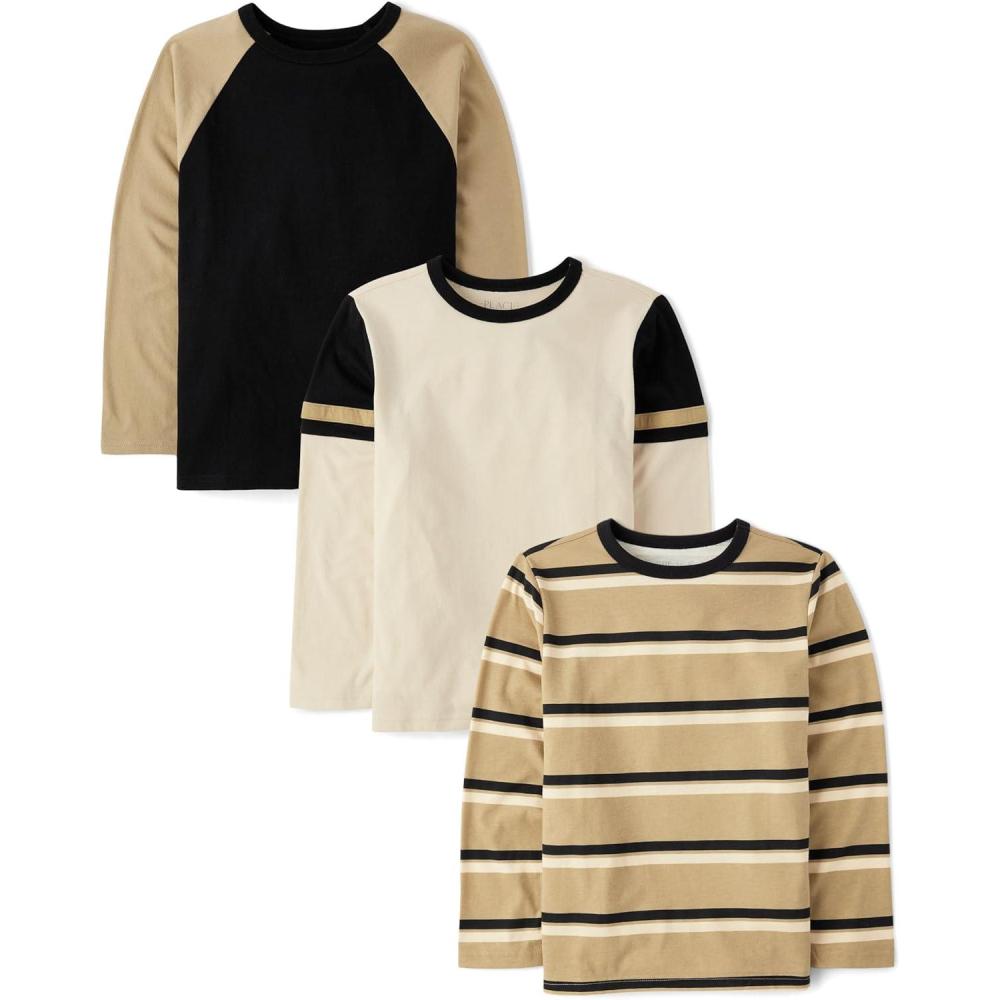 imageThe Childrens Place Boys Long Sleeve Everyday Casual Knit ShirtBlackCreamStriped 3pack