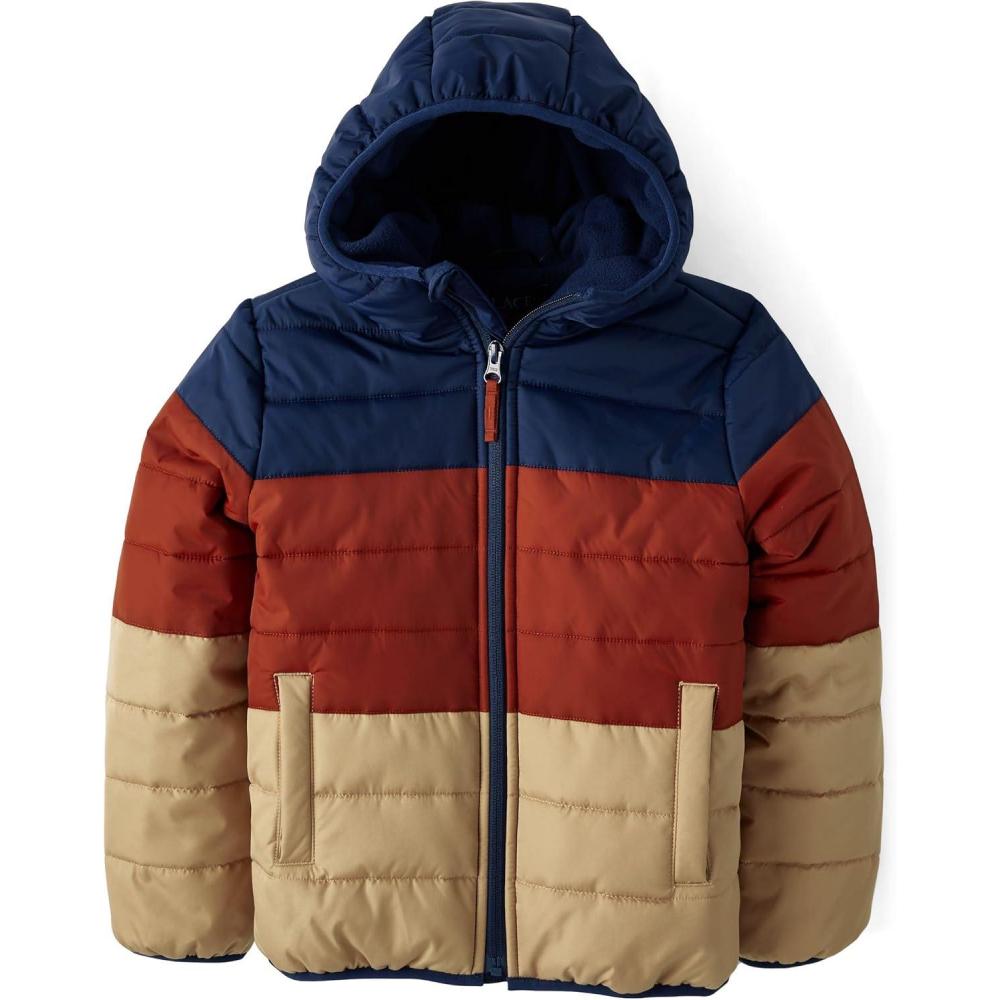 imageThe Childrens Place Boys Medium Weight Puffer Jacket Wind WaterResistantTidal Colorblock