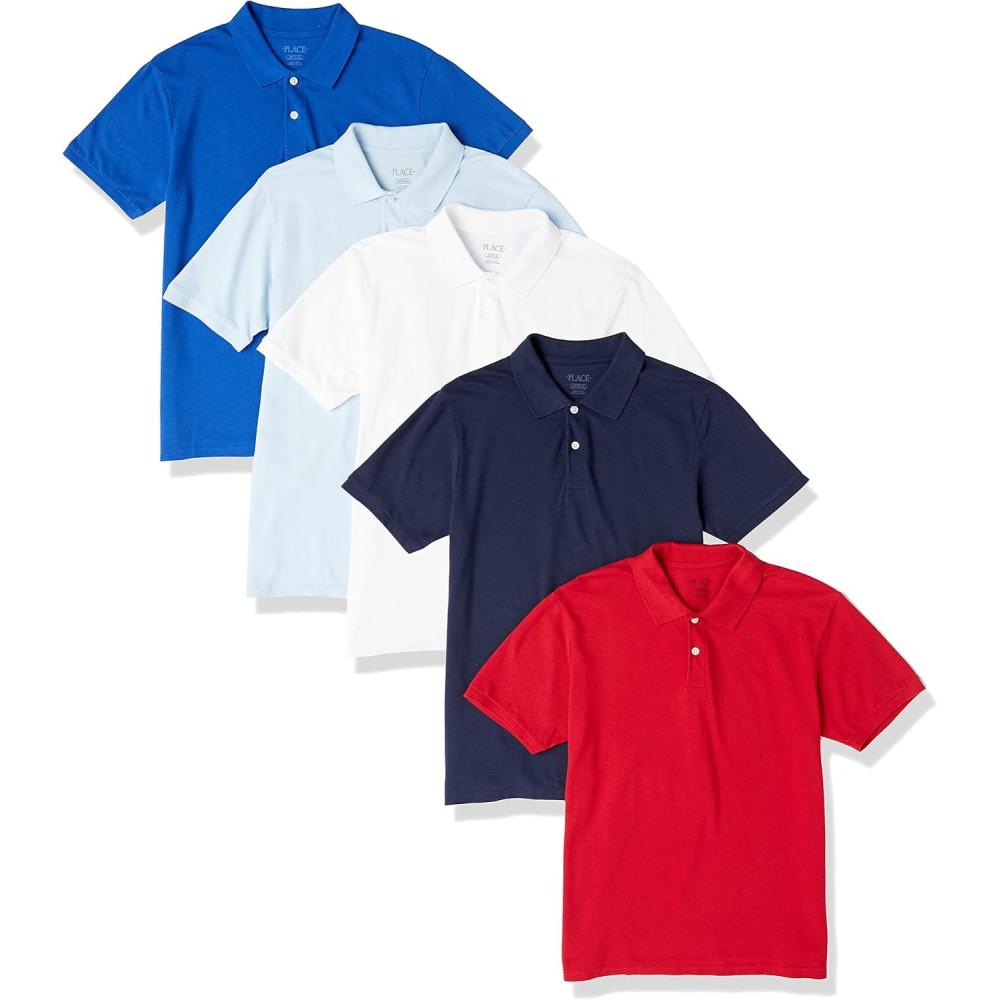 imageThe Childrens Place Boys Multipack Short Sleeve Pique PoloNauticoBlueClassic RedBrookWhite 5pack