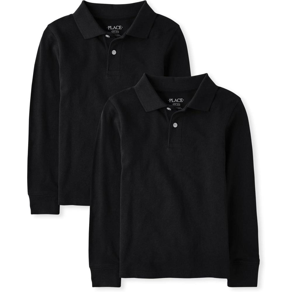 imageThe Childrens Place Boys Uniform Long Sleeve Pique PoloBlack 2pack