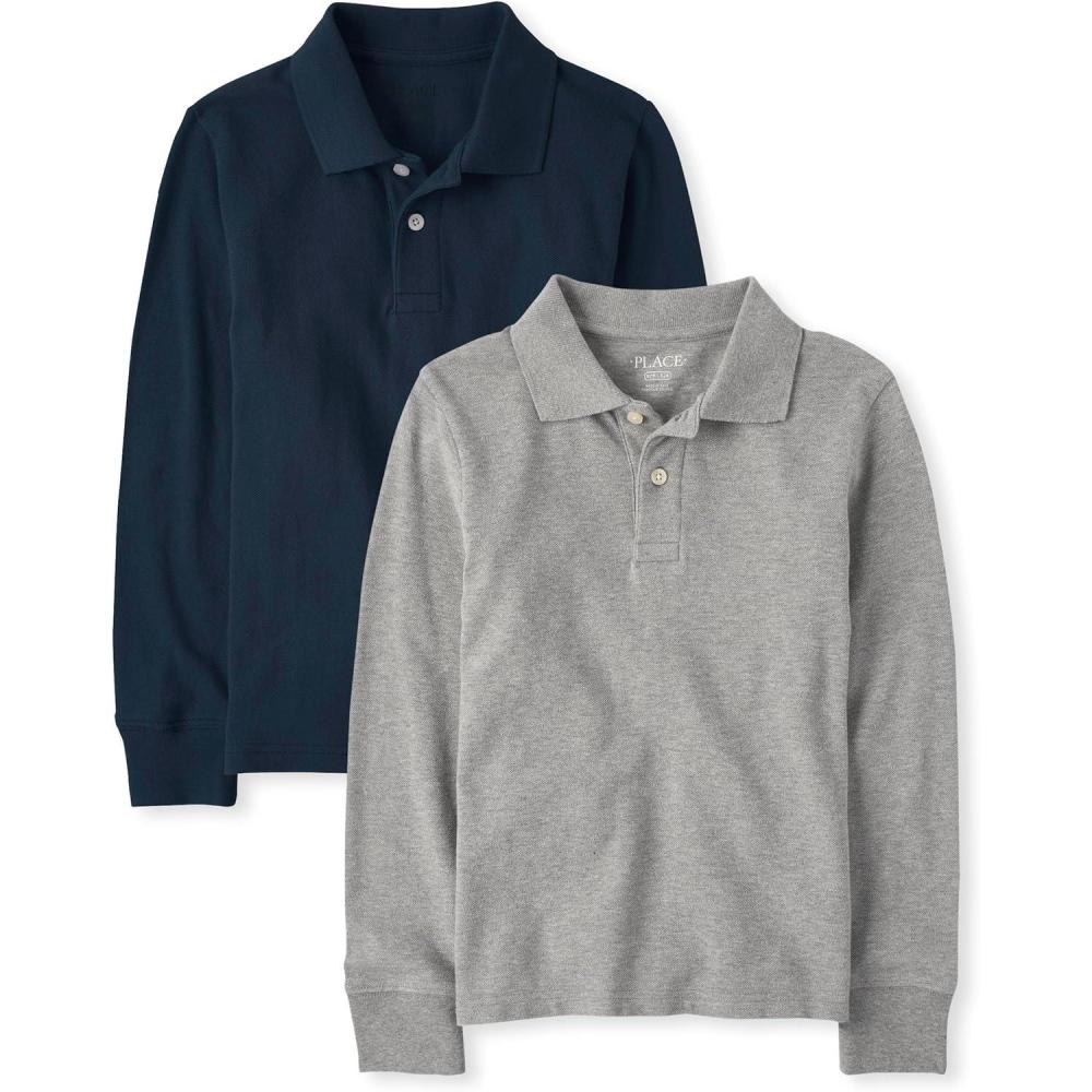 imageThe Childrens Place Boys Uniform Long Sleeve Pique PoloNauticoSmoke 2pack