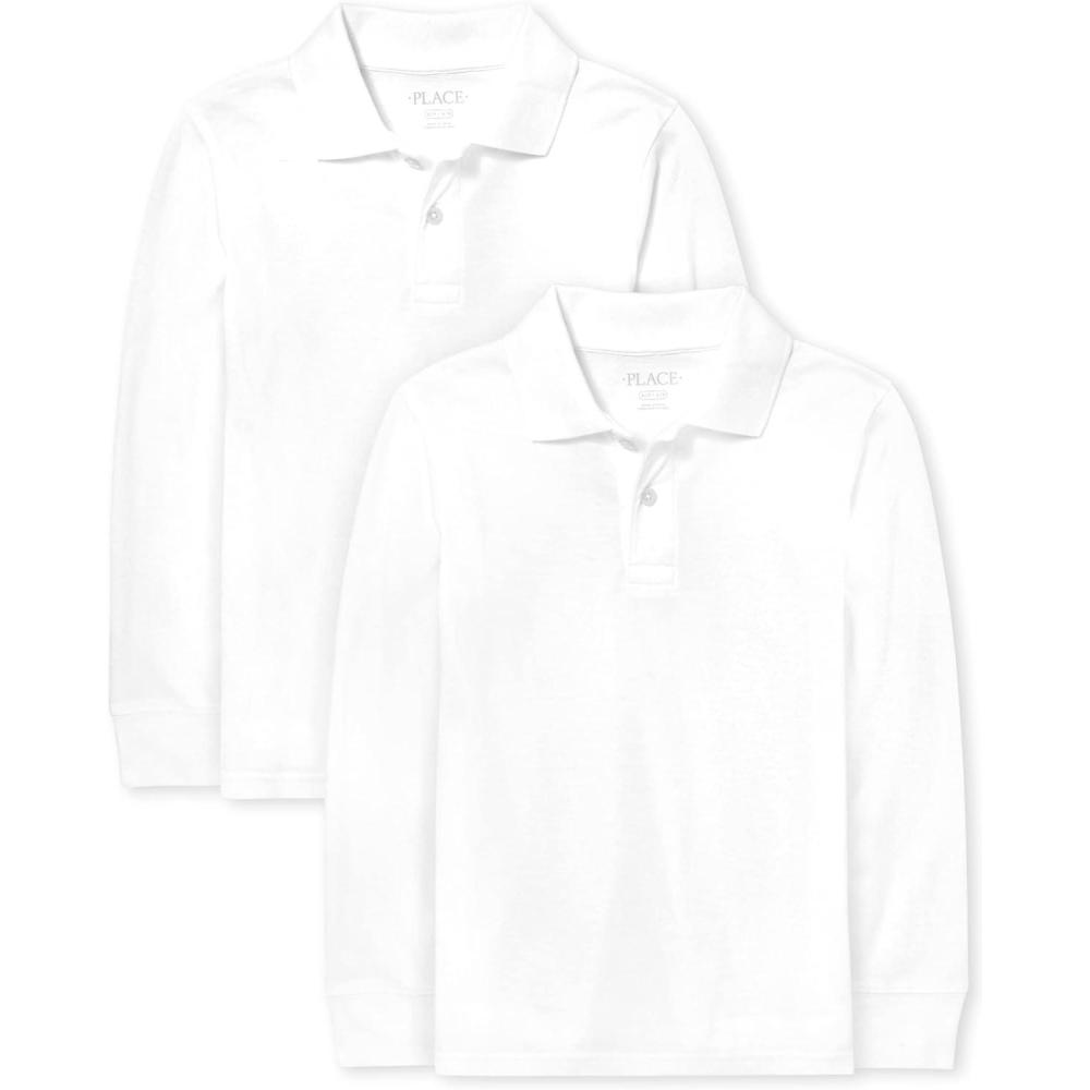 imageThe Childrens Place Boys Uniform Long Sleeve Pique PoloWhite 2pack