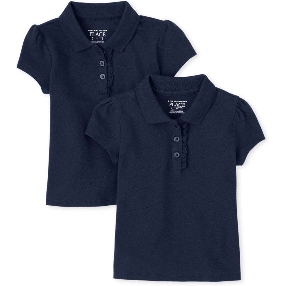 imageThe Childrens Place Girls Toddler Mulipack Short Sleeve Ruffle Pique PolosTidal 2pack