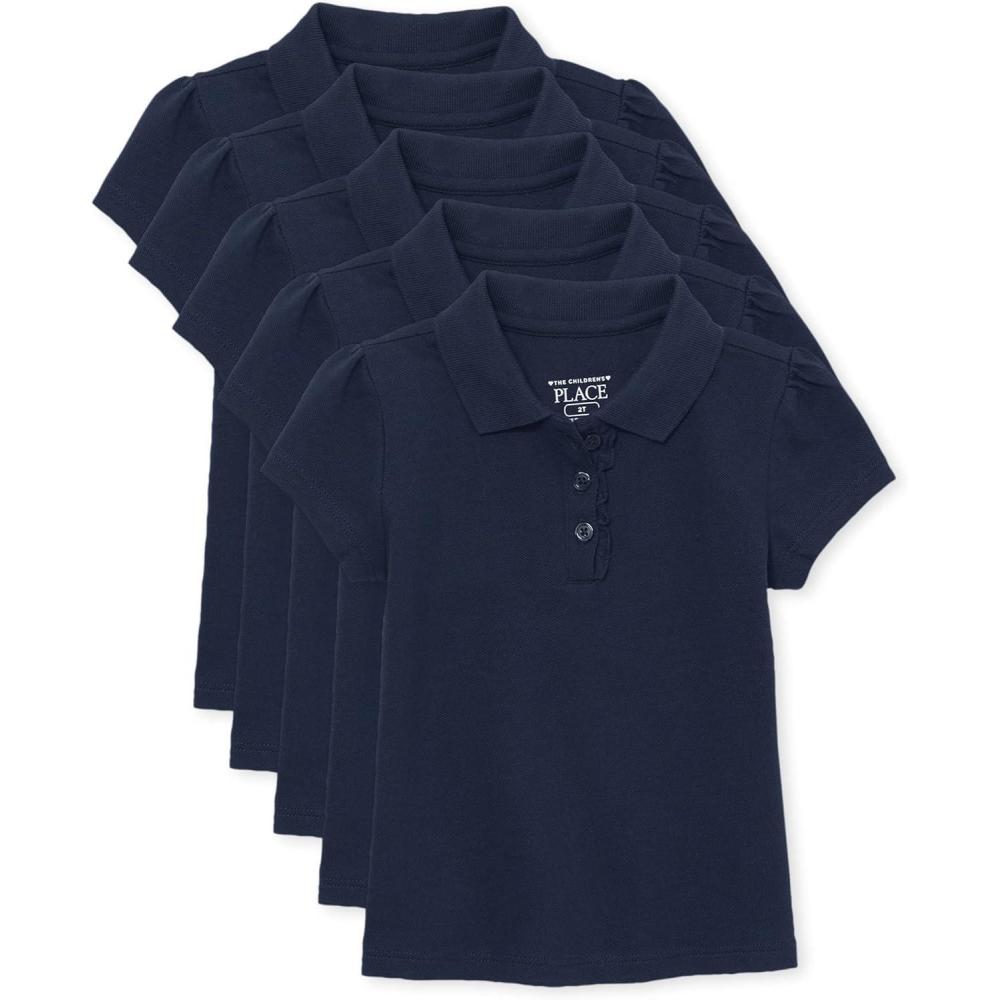 imageThe Childrens Place Girls Toddler Mulipack Short Sleeve Ruffle Pique PolosTidal 5pack