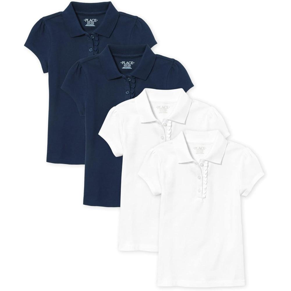 imageThe Childrens Place Girls Toddler Mulipack Short Sleeve Ruffle Pique PolosTidalWhite 4pack