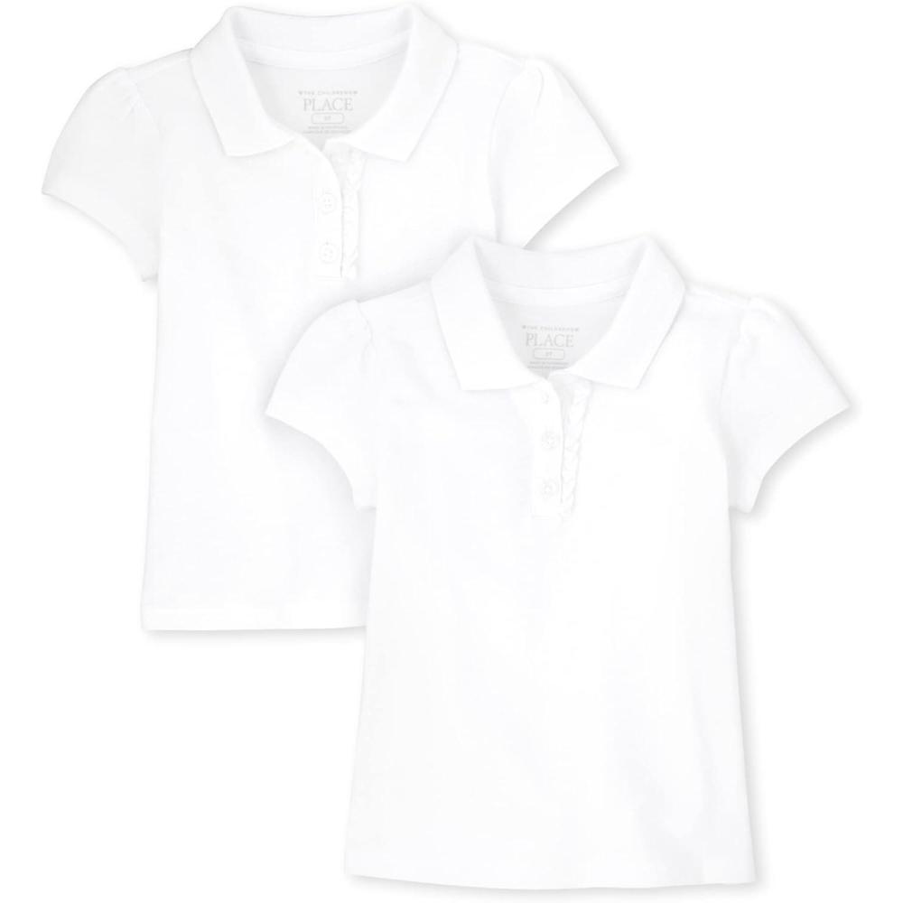 imageThe Childrens Place Girls Toddler Mulipack Short Sleeve Ruffle Pique PolosWhite 2pack