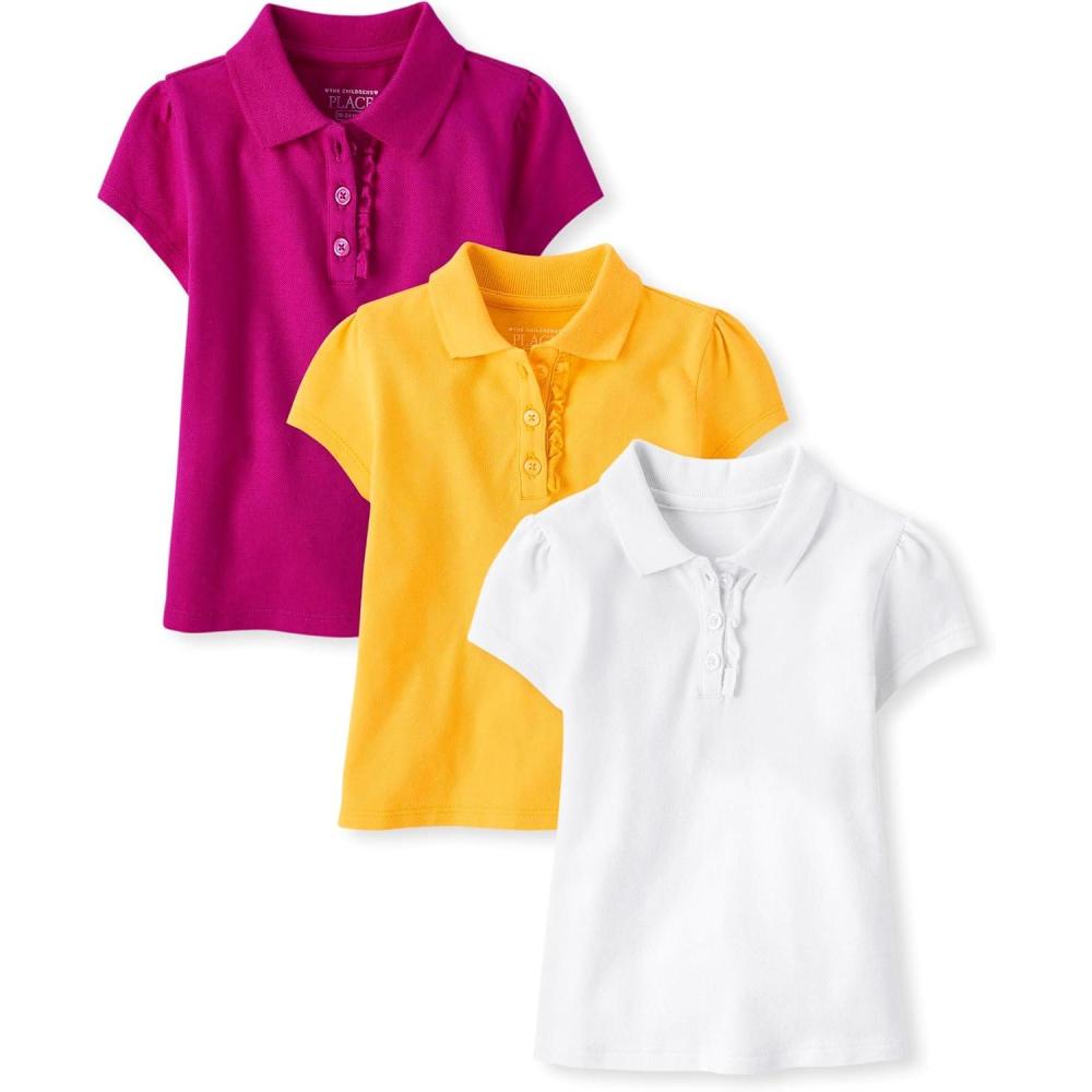 imageThe Childrens Place Girls Toddler Mulipack Short Sleeve Ruffle Pique PolosYellowWhiteAurora Pink 3pack