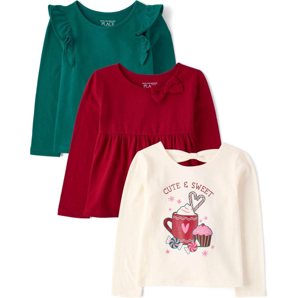 imageThe Childrens Place Girls and Toddler Assorted Long Sleeve Knit ShirtCute SweetGreenRed