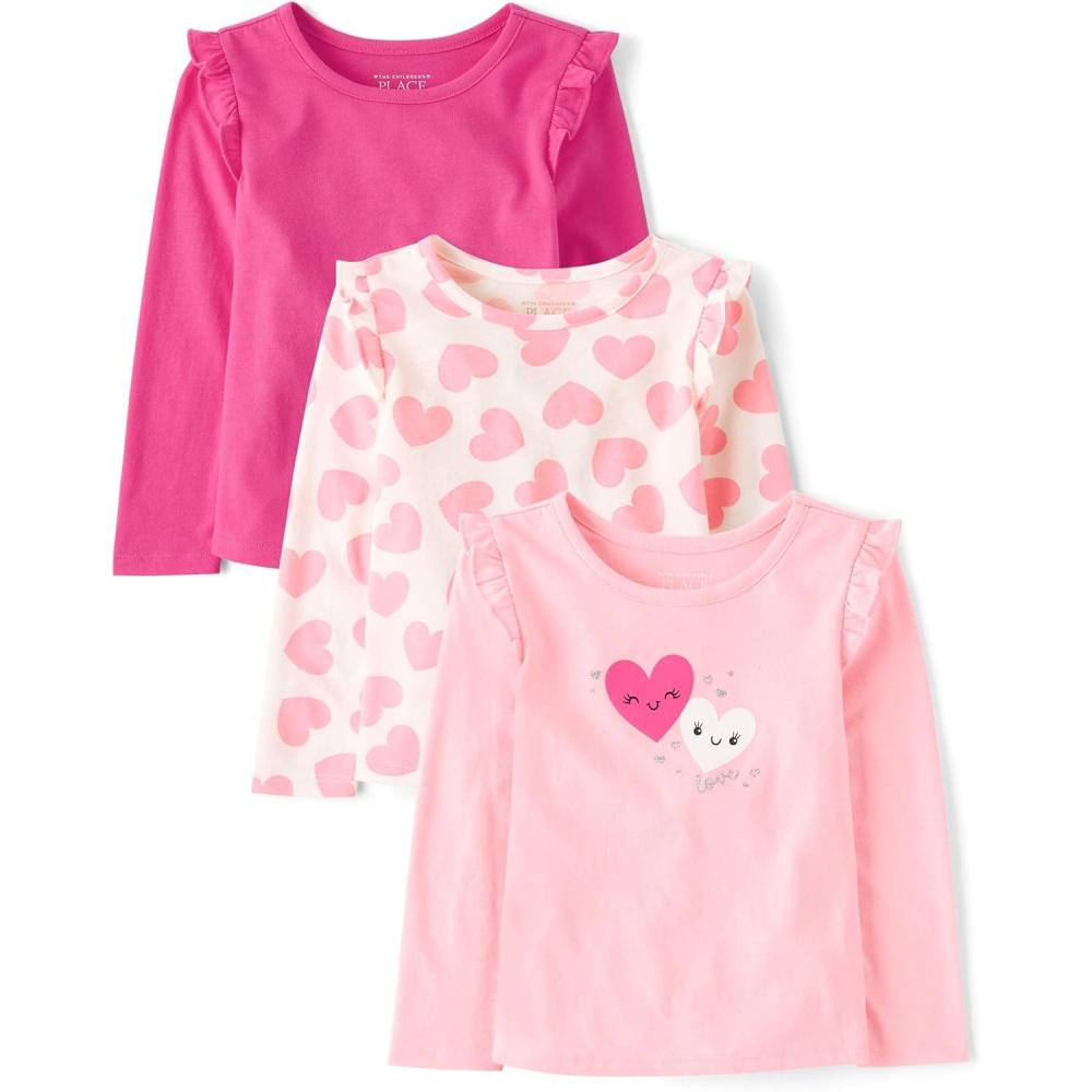 imageThe Childrens Place Girls and Toddler Assorted Long Sleeve Knit ShirtHeartsPink HeartsPink