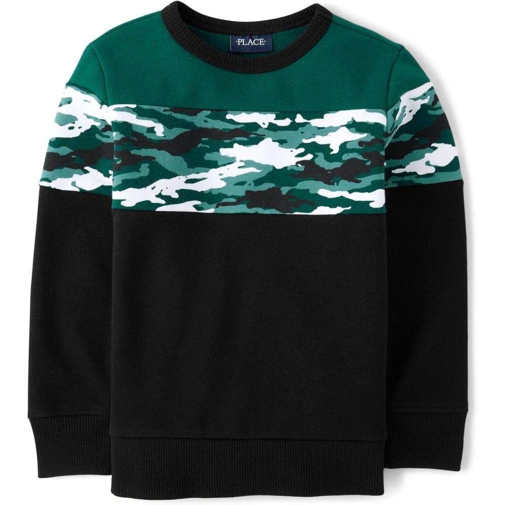 imageThe Childrens Place Long Sleeve Crew Neck Pullover SweatshirtBlack Green Camo