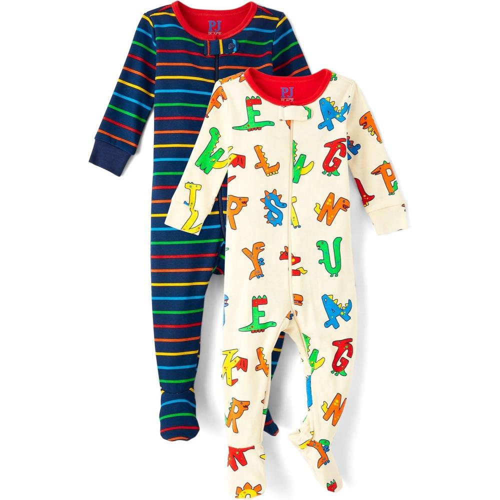 imageThe Childrens Place Unisex Baby and Toddler 100 Cotton Long Sleeve Zip Front One Piece Footed PajamasSleep ampamp PlayAlphabetMulti Stripe 2pack