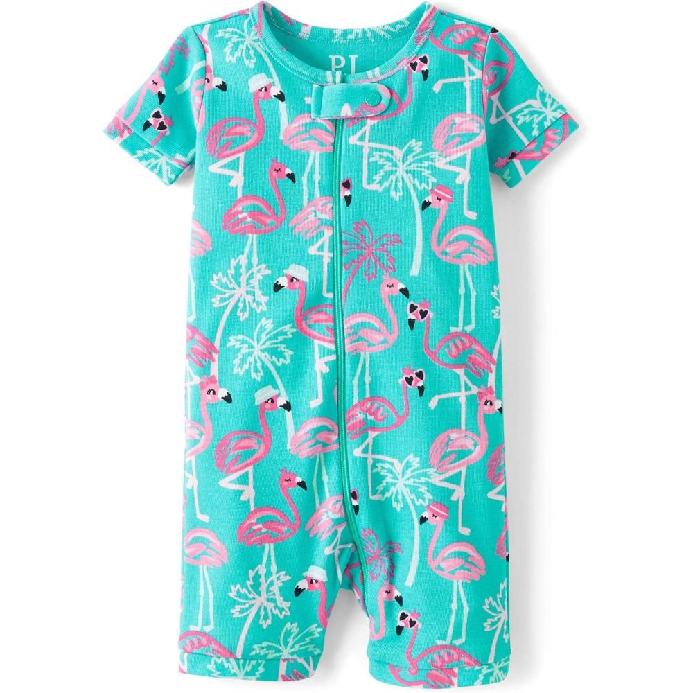 imageThe Childrens Place babygirls And Newborn 100 Cotton Short Sleeve Zip Front One Piece Footless PajamasFlamingos