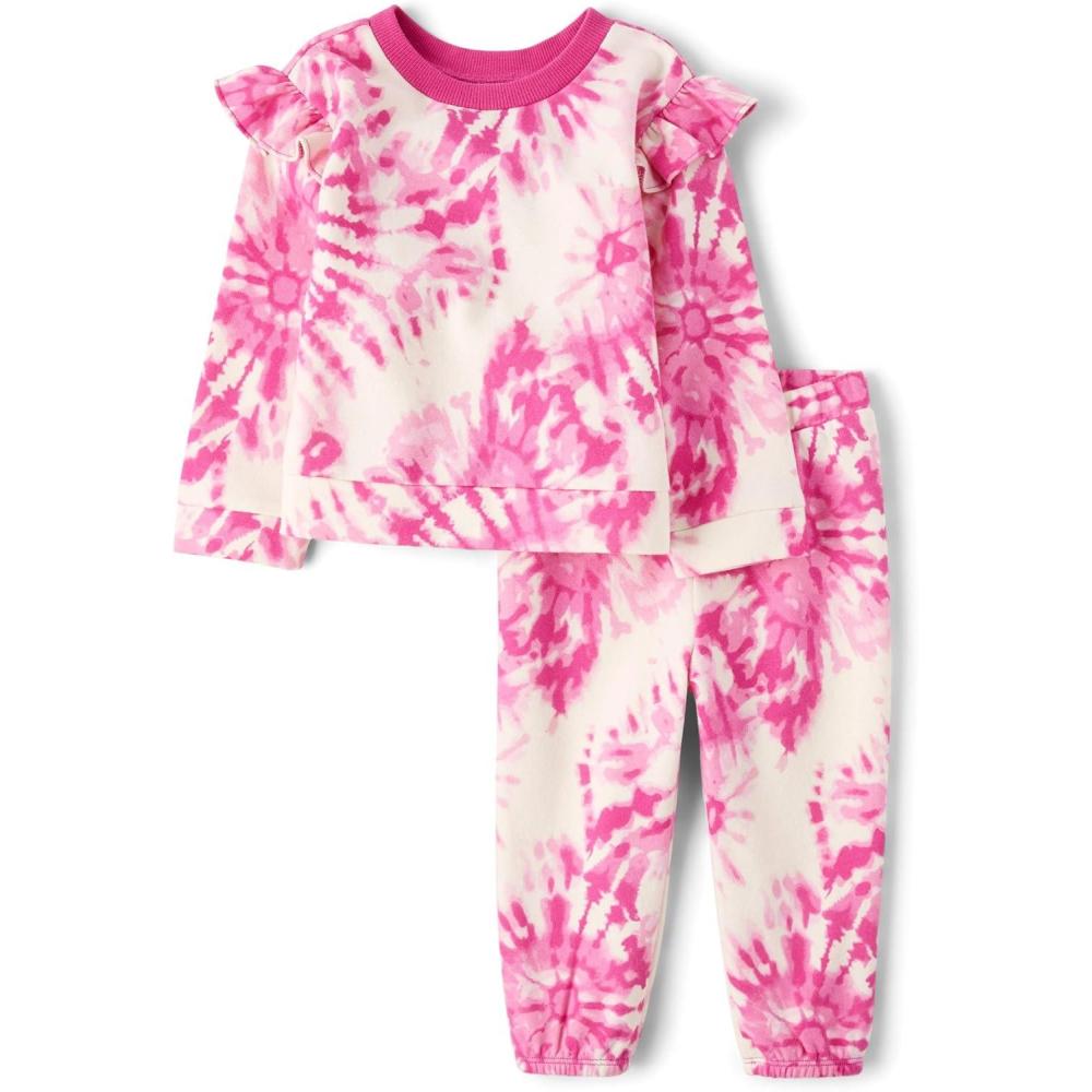 imageThe Childrens Place babygirls And Toddler Long Sleeve Active Shirt and Pant 2 Piece OutfitFuschia Tie Dye