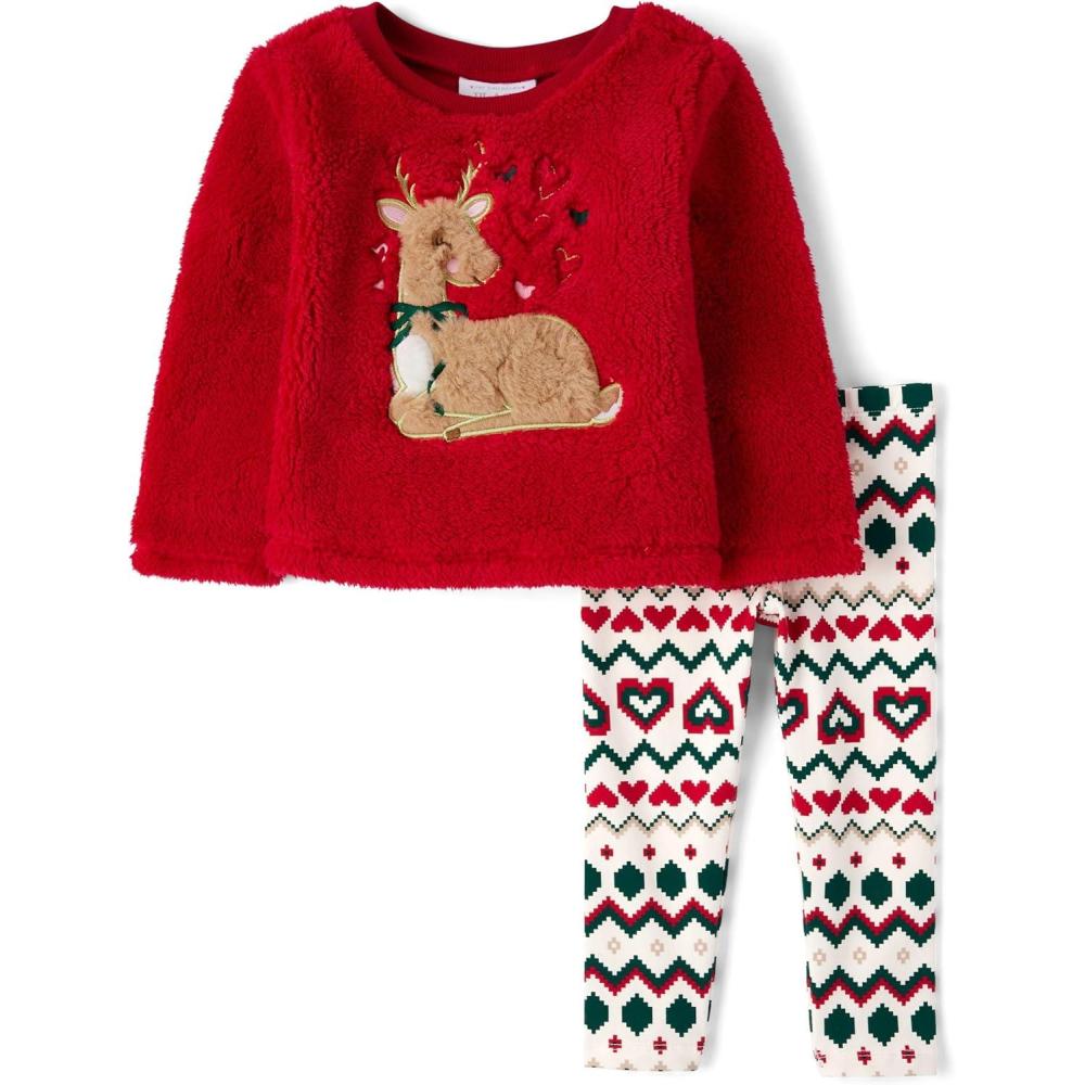 imageThe Childrens Place babygirls And Toddler Long Sleeve Active Shirt and Pant 2 Piece OutfitHoliday Reindeer Sherpa